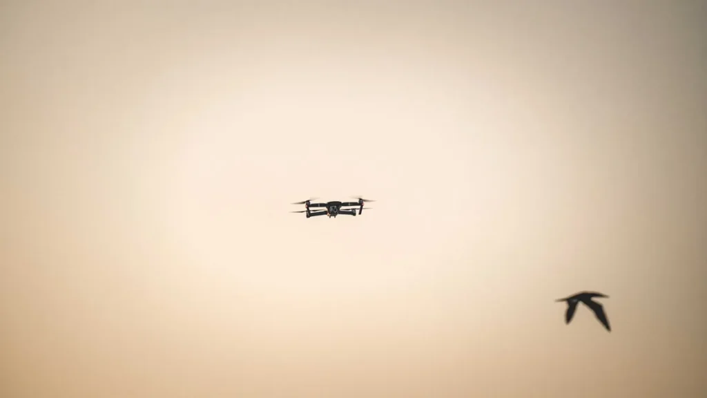 Do I Need an SFOC? 3 Clear Questions for Canadian Pilots 2 A drone and a bird in the same open sky, the shared airspace behind every operation that still needs an SFOC